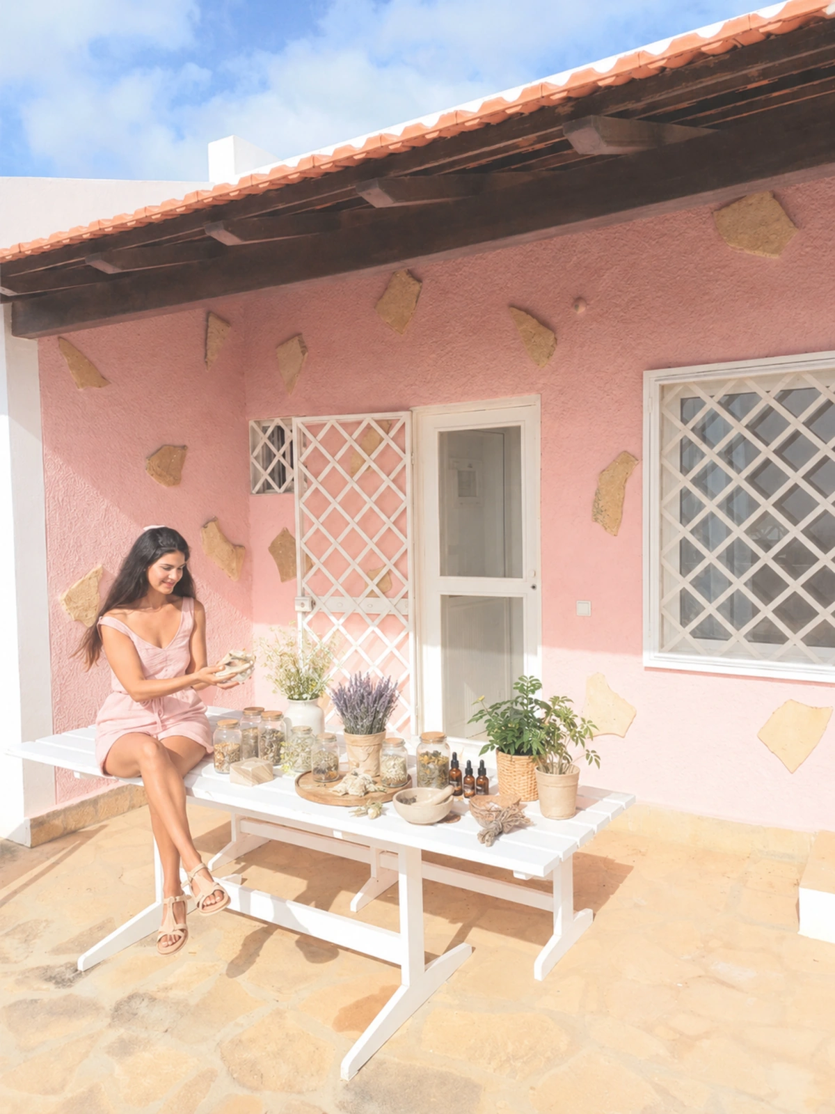 Ana seated outdoors in a soft pink setting, featured on the About Ana section