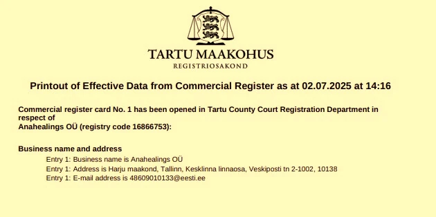 Commercial registration document for Anahealings OÜ