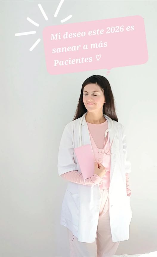 Ana in a white coat with a soft healing message