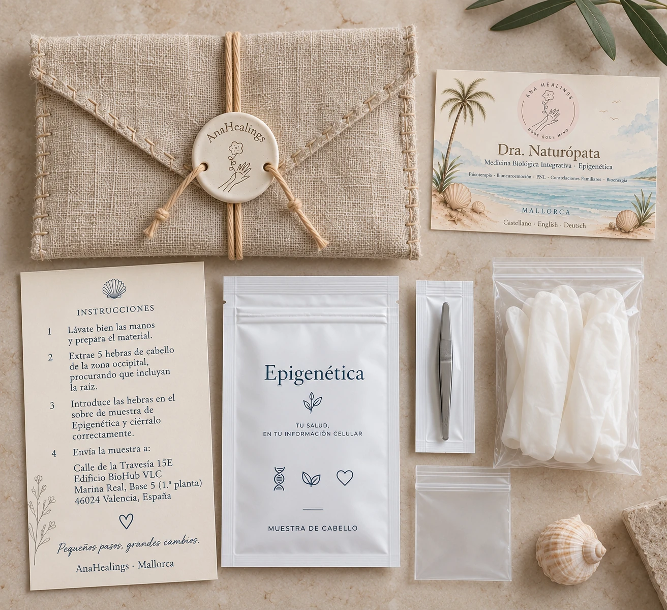 Complete AnaHealings epigenetic home hair-sample kit with instructions and collection materials